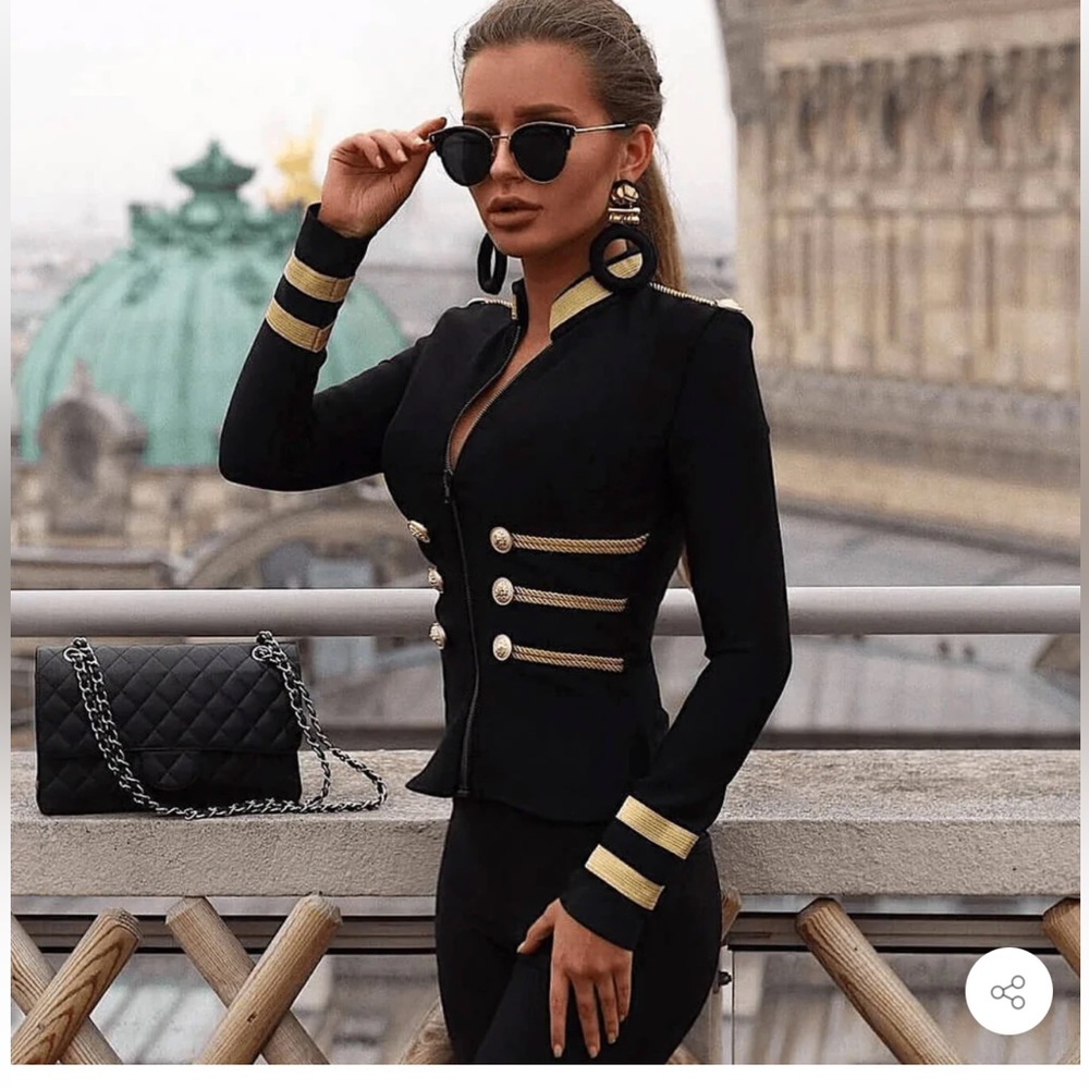 METALLIC MANDARIN COLLAR LONG SLEEVE ZIP FRONT JACKET - BLACK